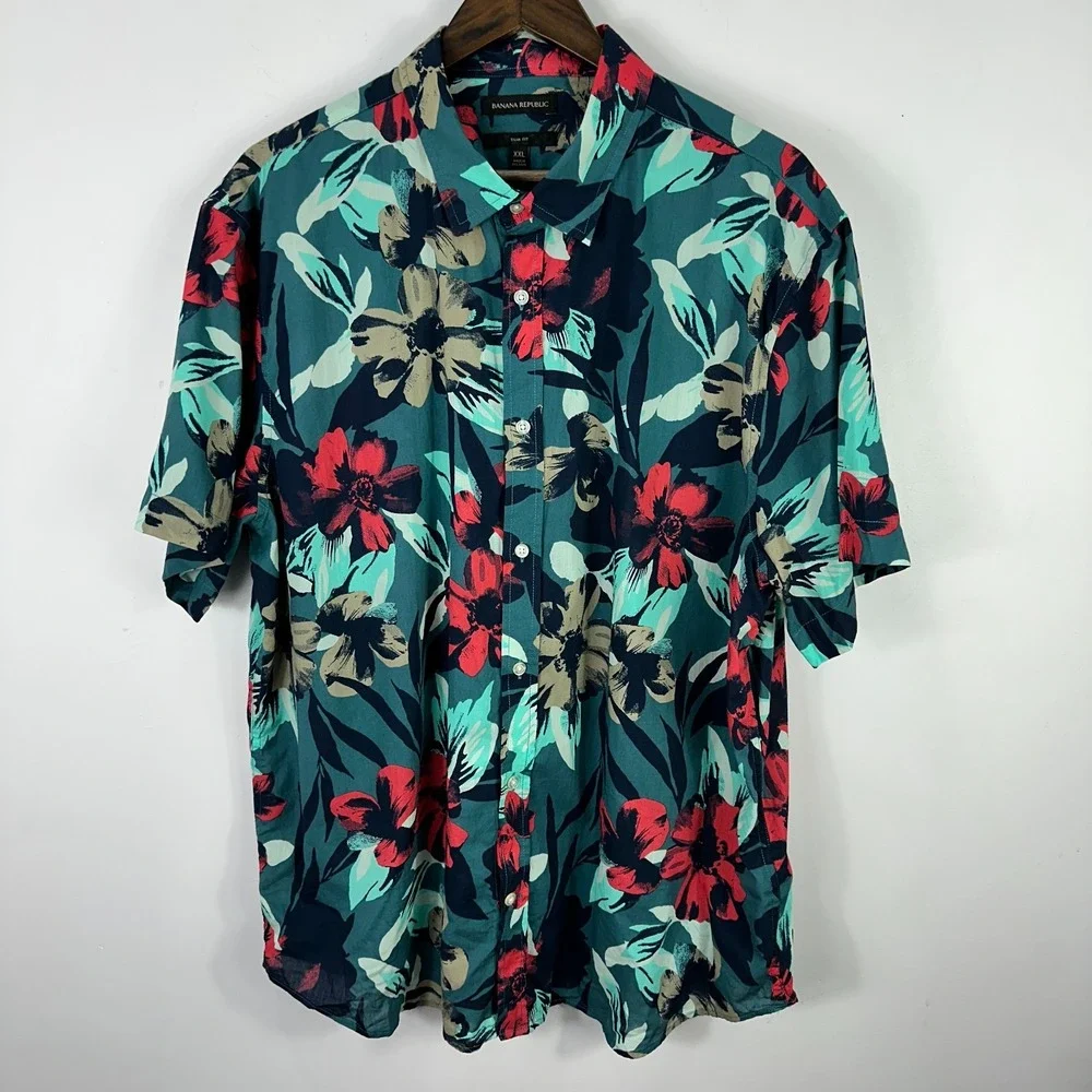 Banana Republic Button Up Shirt‎ Mens XXL Blue Floral Slim Fit Tropical Vacation